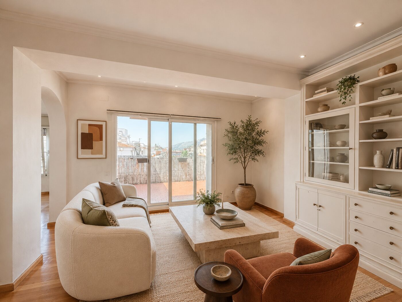 Render profesional Vista Studio — salón amueblado virtualmente